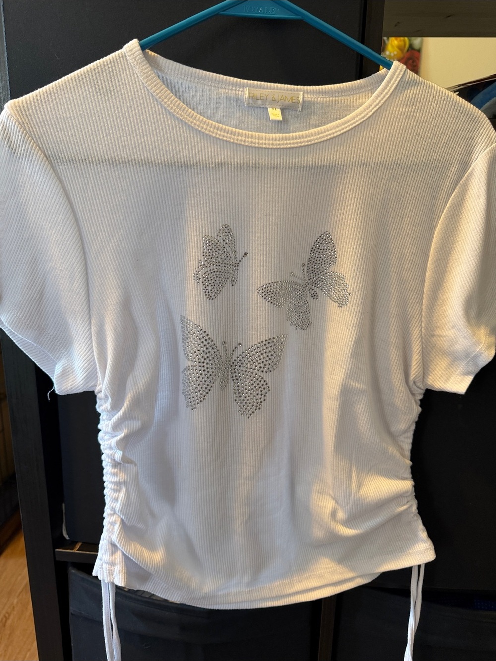 Riley & James White Butterfly Ruched Short Sleeve Tee